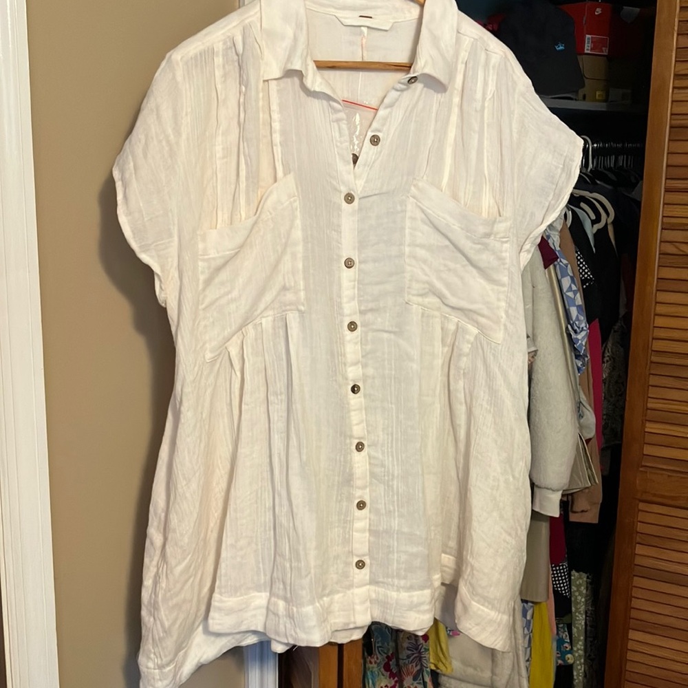 New FREE PEOPLE oversized gauzy blouse cream off white lounging shirt